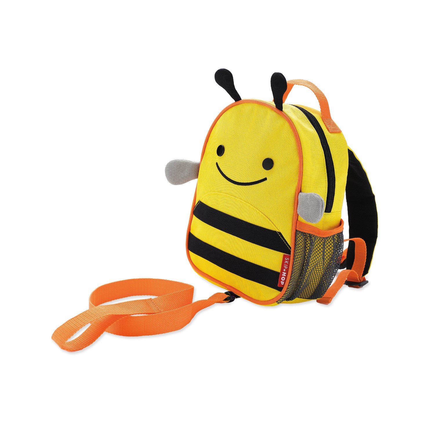 mochila infantil amarilla con diseño de abeja, vista lateral y correa de seguridad